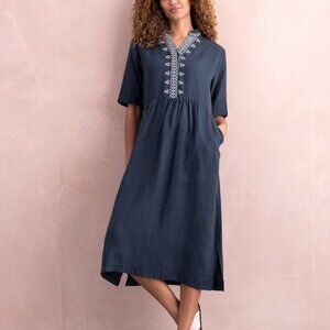Celtic & Co US Size 8 Linen Embroidered Midi Dress NWT